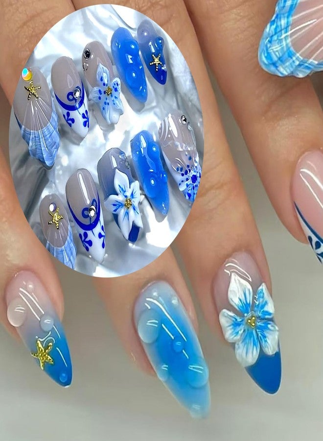 BSBTBZ 30Pcs Blue Flower Press on Nails Medium Almond Summer Beach Fake Nails with 3D Flowers Starfish Design French Nails Cute Stick on Nails Golden Beads Full Cover Manicure False Nail Tips for Women - Image 4